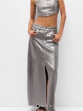 Pull&Bear Metallic Silver Maxi Skirt with Front Slit